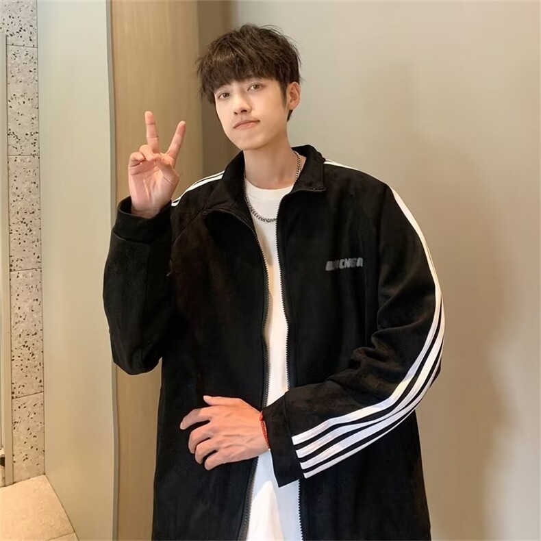 春秋新款麂皮绒三杠外套休闲运动男士港风潮牌宽松直筒夹克W183,男装夹克,星座1116A-1（原606A）