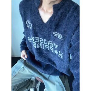 仿貂绒v领毛衣男秋冬款软糯慵懒高级感美式复古针织衫上衣MYX055图片