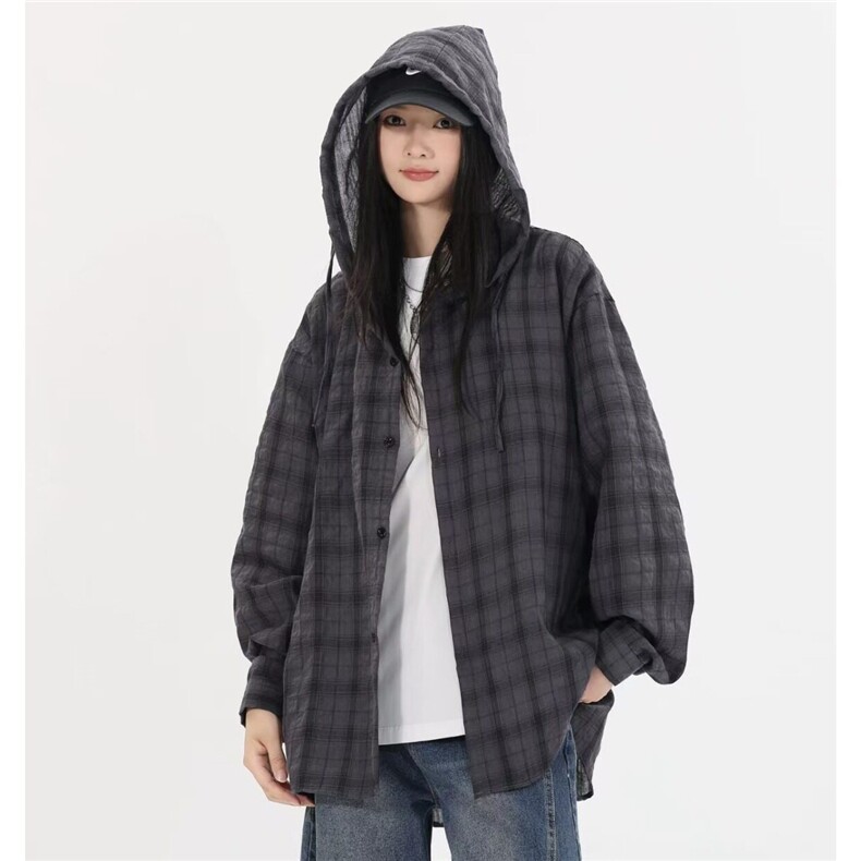 夏季美式格子长袖衬衫男女情侣潮牌宽松衬衣防晒外套CY1153-P55,男装防晒衣,星座412-3