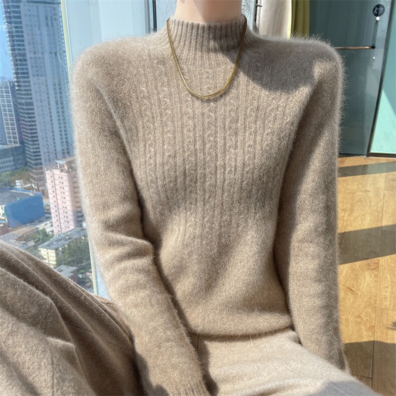 时尚优雅女士羊毛衫半高领扭花设计羊毛保暖舒适,女装羊毛衫,暮绒羊羊绒
