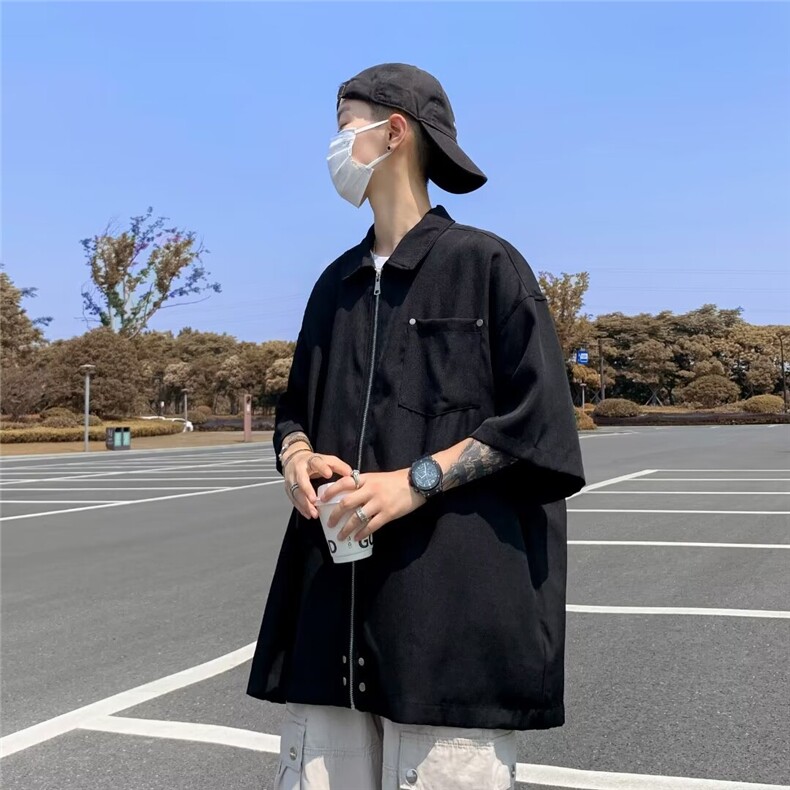 高街拉链开衫短袖男夏季潮牌宽松痞帅高级感上衣1001-1-CS49-P33,男装T恤,星座1001-1