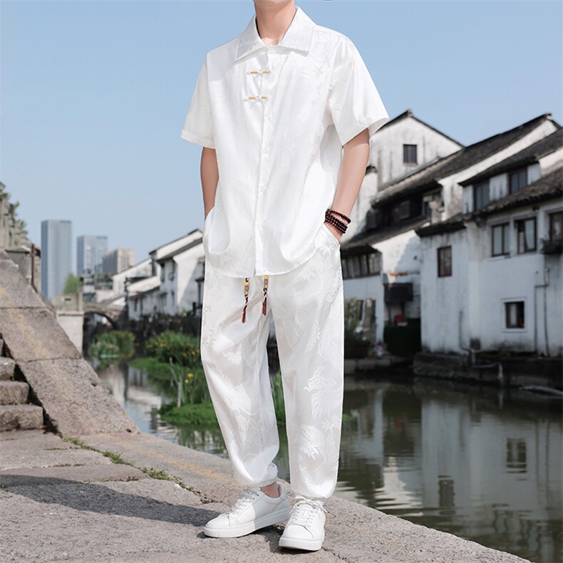 夏季冰丝风男士套装龙纹提花衬衫两件套A266-1-TZ250185-P70图片