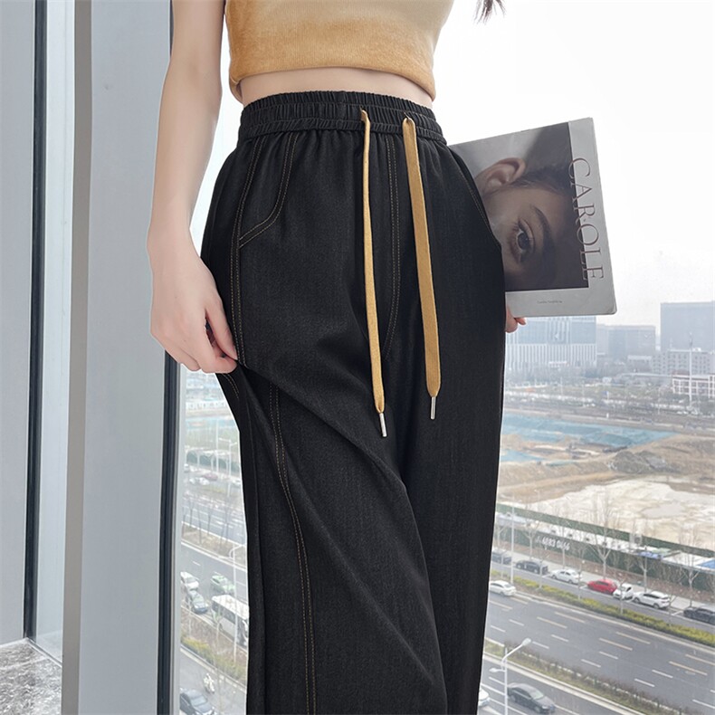 2025新款丹宁深蓝色阔腿牛仔裤春夏季冰丝直筒拖地裤子,女装休闲裤,云美莎专业女裤-全店现货