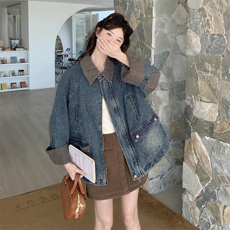 蓝色复古撞色拼接牛仔外套女2025春秋新款设计感炸街翻领夹克上衣,女装短外套,含赞