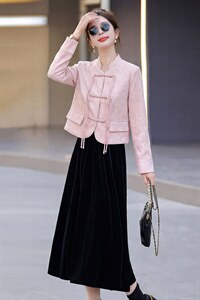 现货新款春秋装复古新中式盘扣外套连衣裙女装气质可组合套装裙，女装套装/套裙，韩美纤衣