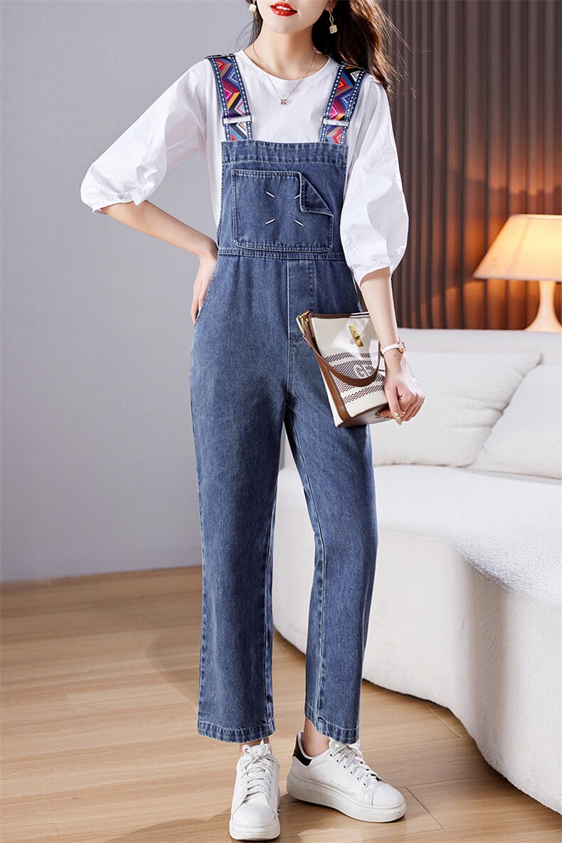 少女感高级甜美俏皮休闲牛仔背带裤女裤子2023年新款春夏,女装连体裤,江南女神