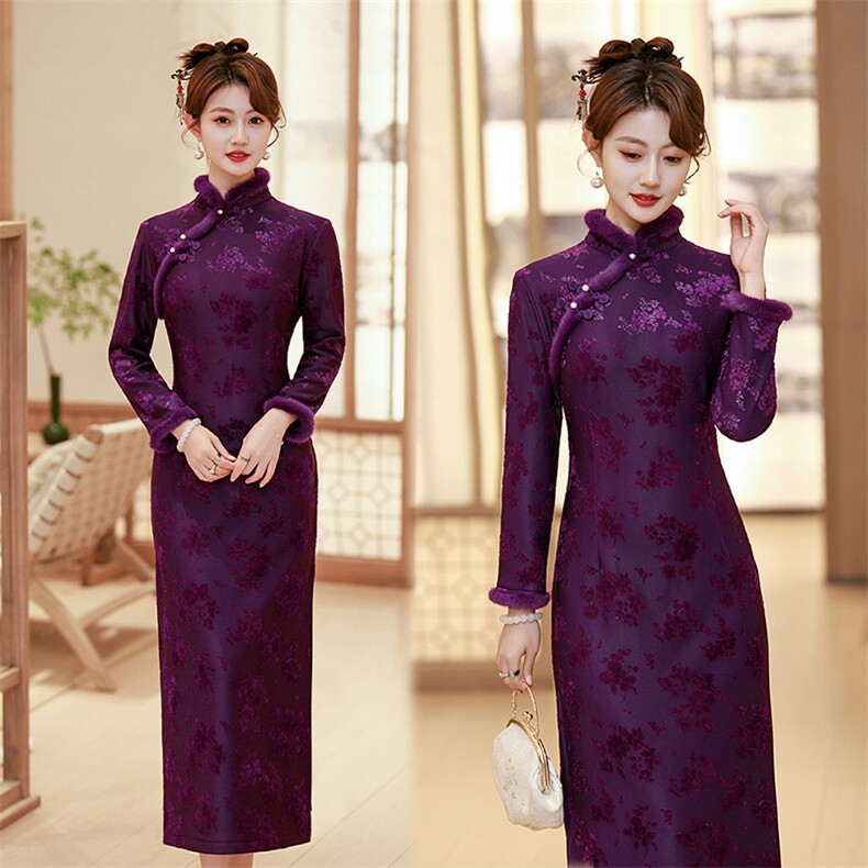 新中式风加绒毛领弹力植绒长款旗袍831P165,女装汉服/婚纱/旗袍/礼服,乐衣轩