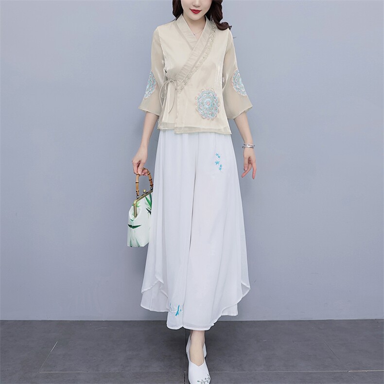 芷墨新款复古女装俩件套改良日常汉服套装超仙绣花中式上衣裤子女,女装套装/套裙,芷墨服饰
