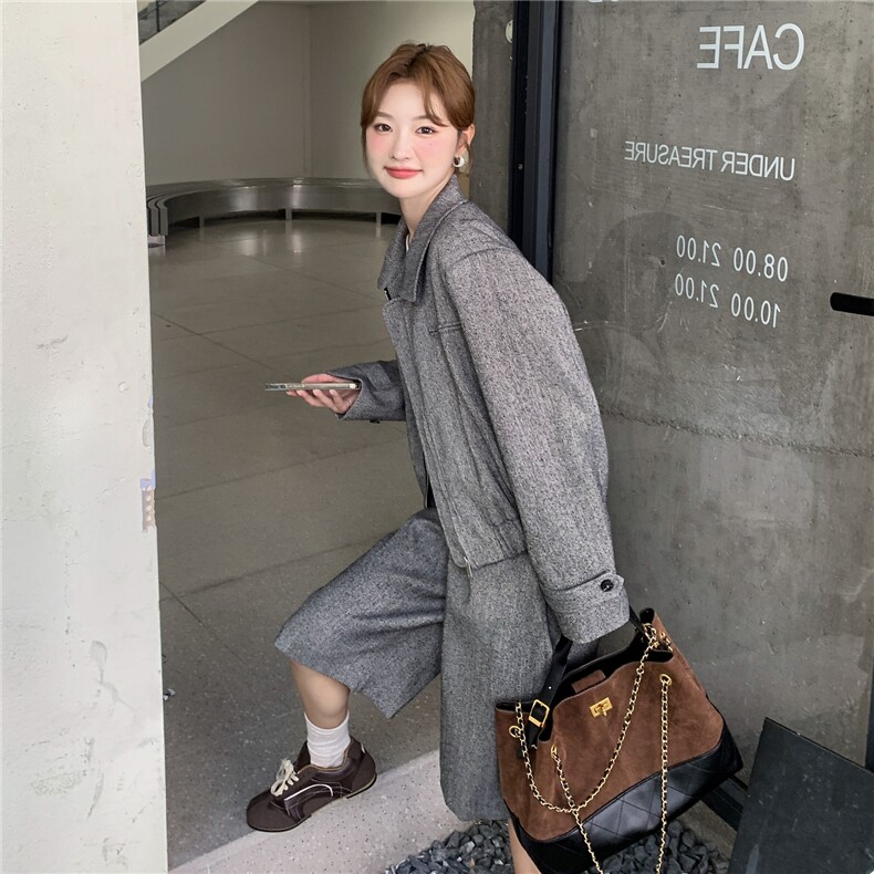 秋季新品老钱风拉链短外套+阔腿裤两件裤2C239-H93-P195-K308,女装套装/套裙,2C239
