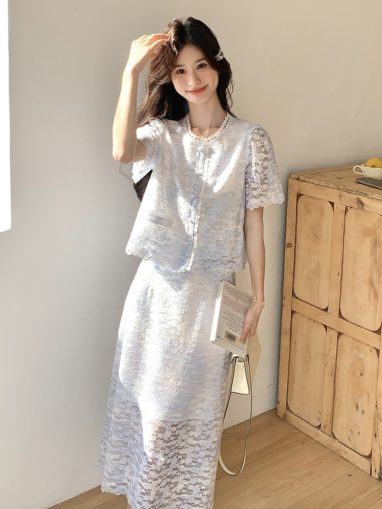 2025新款小香风蕾丝套装裙夏季高级感温柔风镂空上衣半身裙两件套,女装套装/套裙,浙宝203