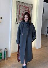 收腰毛呢外套女秋冬季长袖宽松高级感长款连帽，女装毛呢外套，宸诺服饰