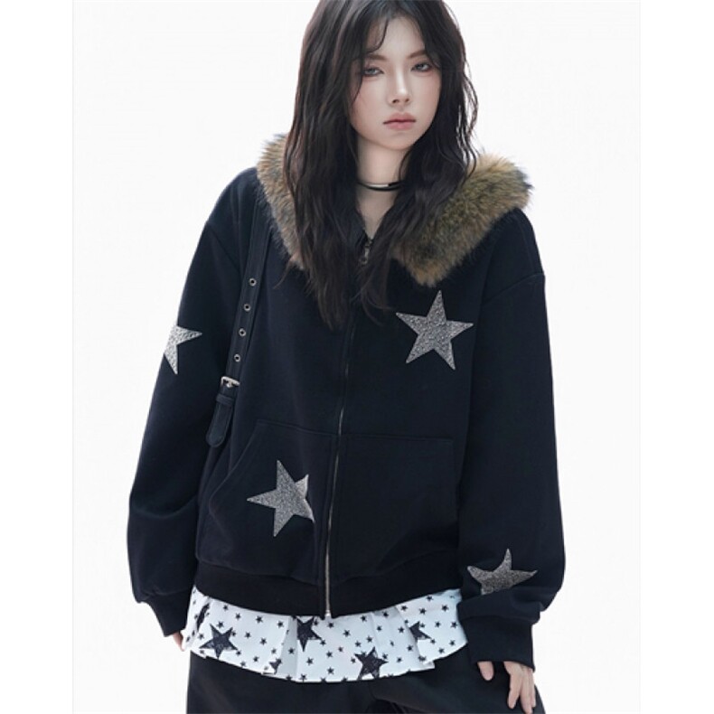 美式复古毛领连帽开衫卫衣女设计感烫钻星星宽松外套WB6018,女装短外套,星座1116A（原606A-3）