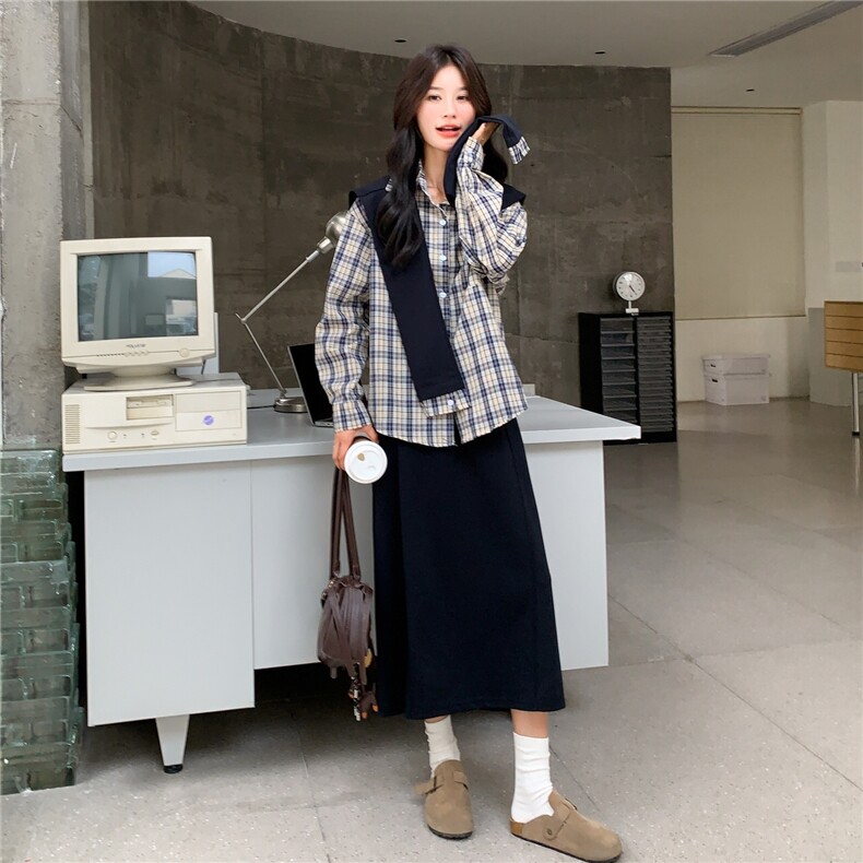 复古文艺风穿搭套装女2025秋季新款休闲显瘦格子衬衫半身裙两件套,女装套装/套裙,2C133