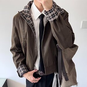 格纹拼接夹克外套女秋季美式复古宽松百搭男立领上衣潮JK0759-P65图片