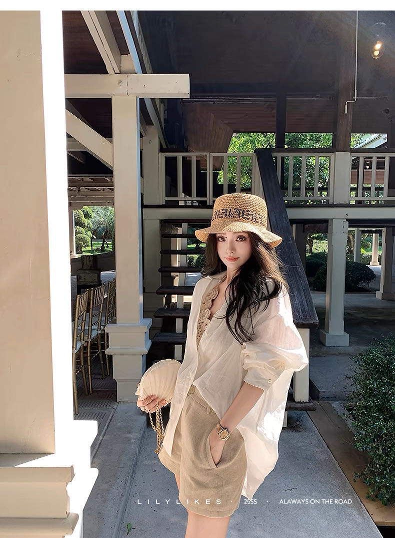 老钱风轻氧套装亚麻百搭衬衫+短裤套装,女装套装/套裙,湘姗