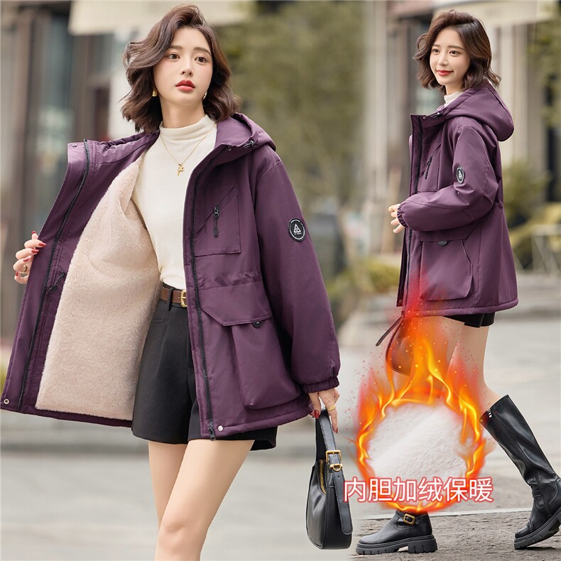 独特漂亮紫色加绒加厚派克服女2025冬季休闲宽松收腰显瘦棉服外套,女装短外套,E百度
