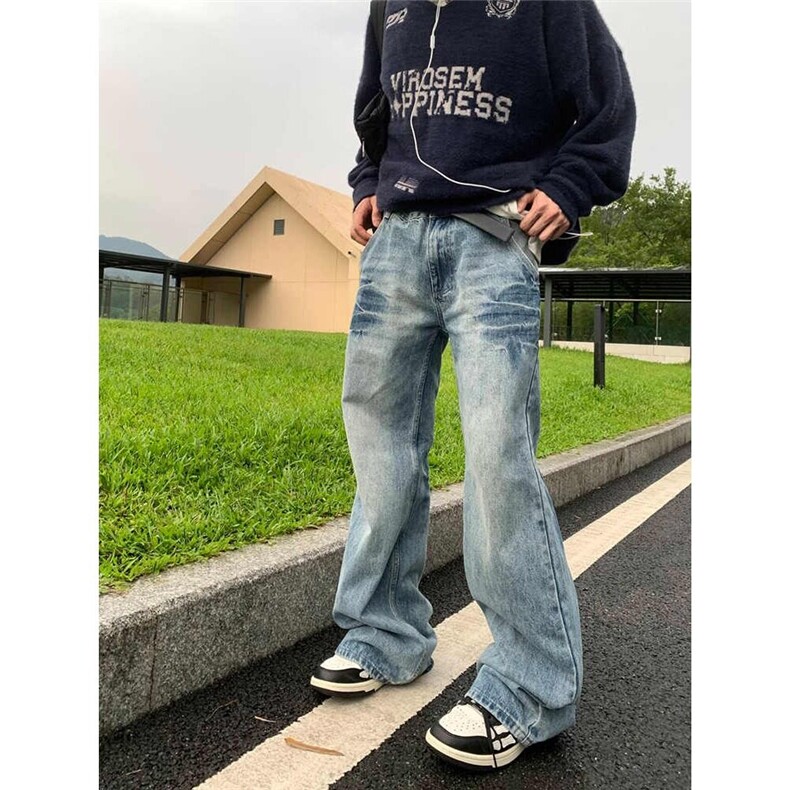 长裤春秋常规美式复古水洗蓝色直筒牛仔裤微弹中腰流行青少年潮,男装牛仔裤,星座218-1（原230）