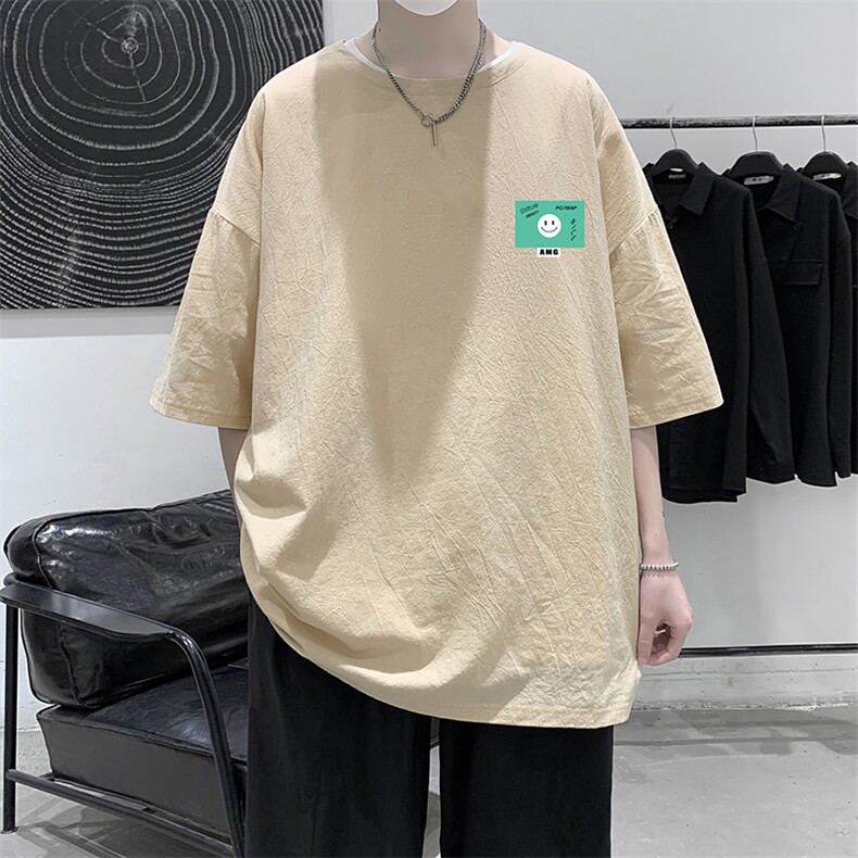 YT26264-P30亚麻短袖t恤男大码五分袖男宽松七分袖港风模特，男装T恤，电商A040
