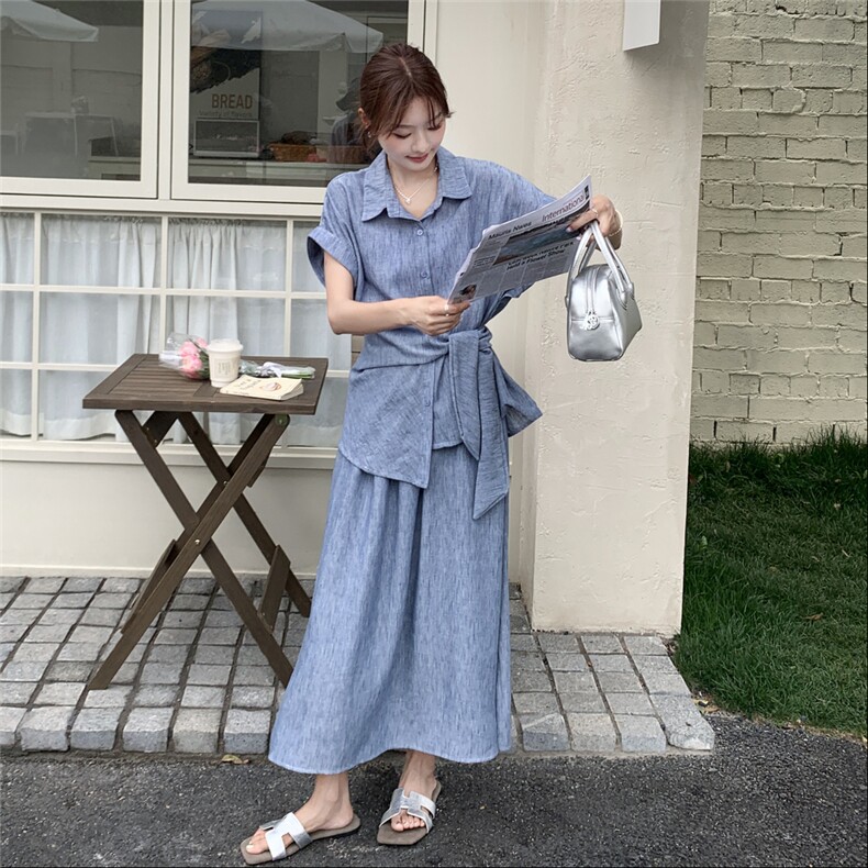 韩系休闲蓝色衬衫半身裙套装女夏2025新款两件套减龄时尚洋气显瘦,女装套装/套裙,2C159