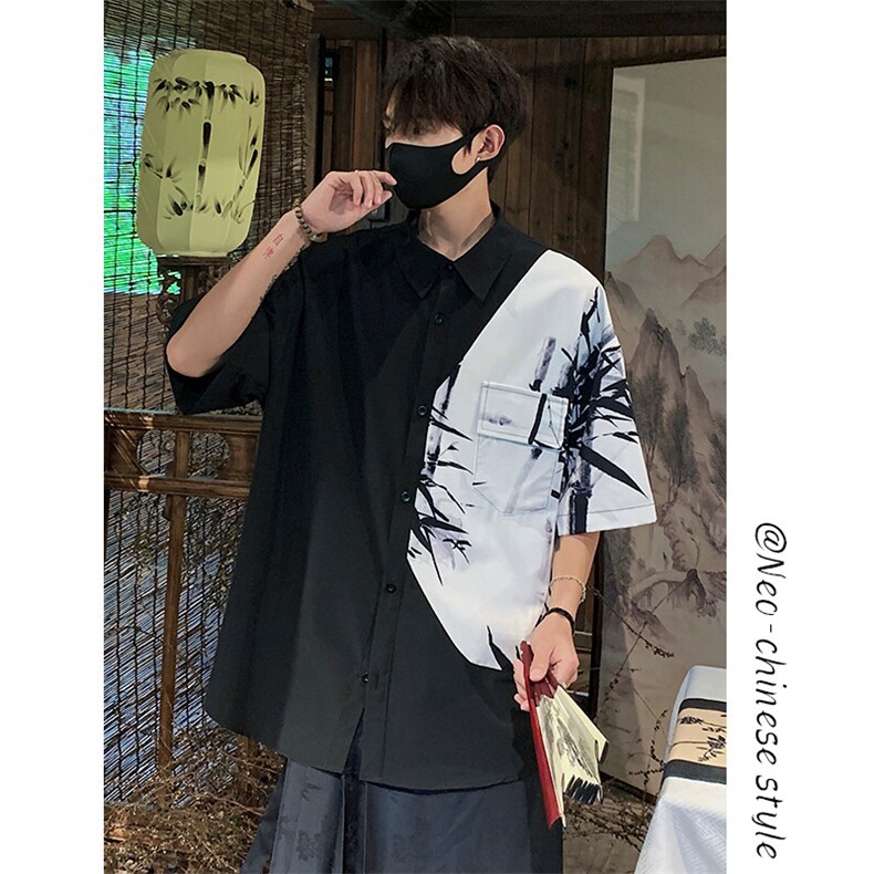 特批P25无差价25夏新中式冰丝垂感拼接高级感短袖衬衣男士CD2292,男装T恤,电商A001