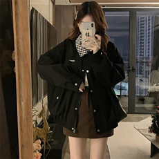 C959-P1002025新款黑色美式格子翻领外套春秋季宽松夹克棒球服，男装夹克，星座911-2(原星座613-2）