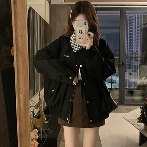 C959-P100 2025新款黑色美式格子翻领外套春秋季宽松夹克棒球服图片