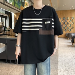 25171-特P40 夏季圆领T恤男短袖打底衫青少年潮牌印花条纹短袖T恤图片