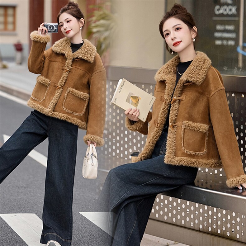 【大货已出】皮毛一体外套女短款冬季小个子羊羔毛仿鹿皮绒加厚，女装羊羔毛/颗粒绒，韩蔻秀