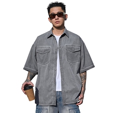 美式工装衬衫短袖夏季宽松纯棉脏染衬衣男A436-0629-P5578，男装衬衫，电商A436