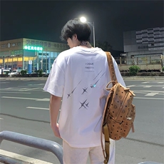 抖音得物供货210克现货宽松纯棉美式潮牌印花落肩袖纯棉T恤AT2174，男装T恤，电商A443