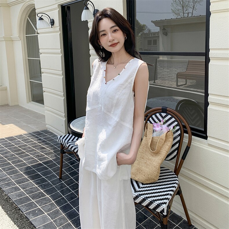 2025夏季新款无袖V领套头背心宽松长裤两件套1C042-P185-K255,女装套装/套裙,安在秀