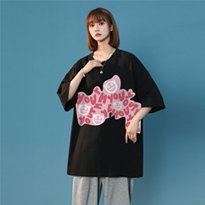 中性夏季潮时尚宽松粉色印花情侣百搭短袖T恤T1027P25控38，男装T恤，A247A
