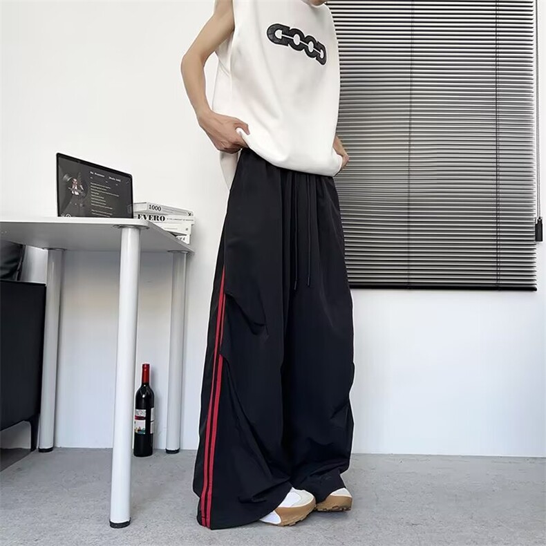 冰丝凉感速干运动伞兵裤子男夏季薄款宽松直筒阔腿条纹休闲长裤,男装休闲裤,星座506A