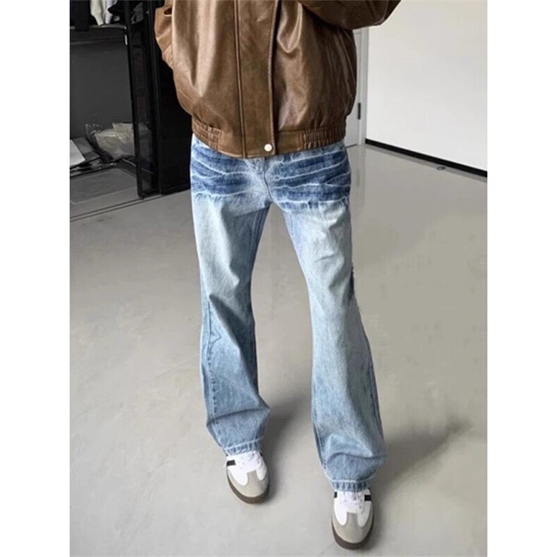 冰蓝色水洗闪电纹牛仔裤男款美式高街vibe裤子cleanfit弯刀微喇裤图片
