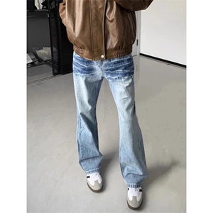 冰蓝色水洗闪电纹牛仔裤男款美式高街vibe裤子cleanfit弯刀微喇裤图片