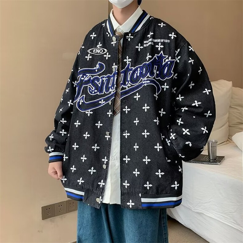 美式高街复古刺绣四叶草牛仔外套女男W34P65,男装夹克,星座1116-2