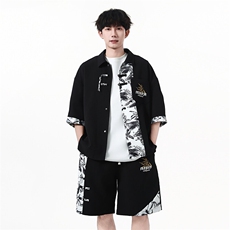 新中式竹纹拼接短袖衬衫夏季风潮牌半袖衬衣外套A436-T18-P65，男装衬衫，电商A436