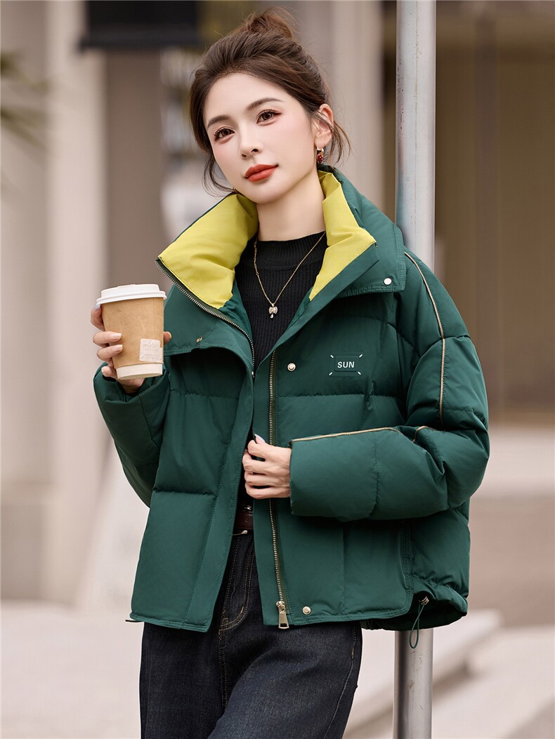 时尚撞色双层领短款羽绒服女2025冬季加厚保暖90白鸭绒面包服外套,女装羽绒服,艾尚靓装