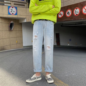 夏季夏天韩式男深蓝色宽松牛仔裤男潮流韩版百搭破洞 K894-P35图片