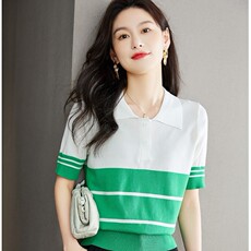 短袖翻领拼色冰丝薄款打底针织衫短款别致绿色上衣，女装针织衫/毛衣，美吧服饰