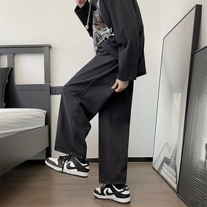 复古休闲男女牛仔长裤春秋款潮牌黑色拖地裤宽松直筒高街坠感裤子图片