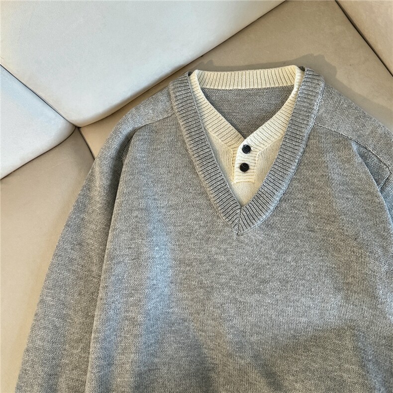 1303B-MY826-P55 重磅老钱风V领毛衣假两件毛衣男女针织衫图片