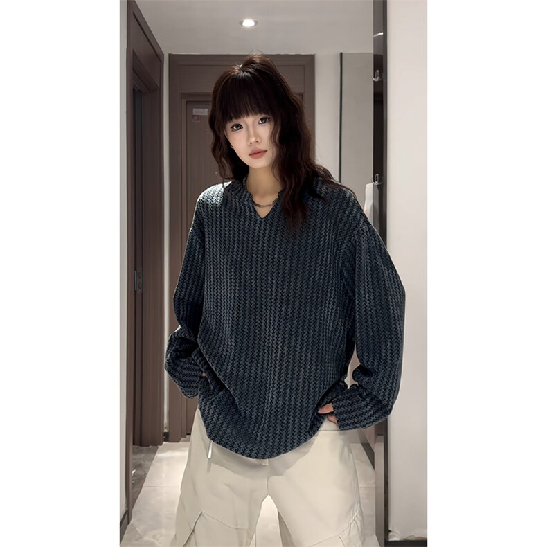 美式高街千鸟格子长袖T恤男女亨利V领英伦雅痞休闲宽松长袖打底衫，男装T恤，电商A486