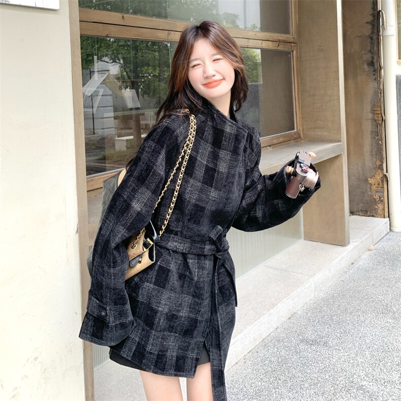 灰色复古格纹设计感风衣外套女2025秋新款韩系小个子收腰显瘦大衣,女装短外套,2C305