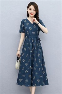 2021夏季新款简约时尚气质V领抽绳系带收腰修身显瘦连衣裙图片