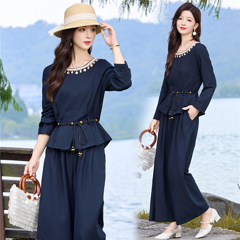 2025年秋季时尚气质贝壳圆领系带阔腿裤套装两件套，女装套装/套裙，天丝秀