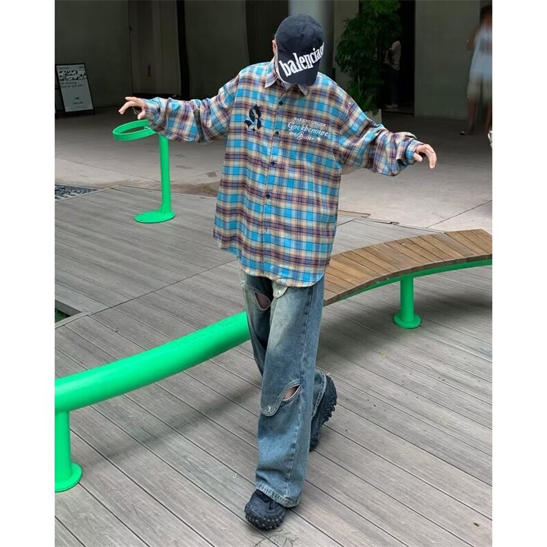 美式街头复古格子长袖衬衫男潮牌嘻哈刺绣宽松休闲百搭衬衣,男装衬衫,星座716-3