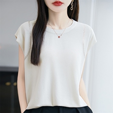 重工烫钻冰丝针织短袖T恤女2025夏季设计感洋气百搭飞袖上衣小衫，女装针织衫/毛衣，羿纯羊绒