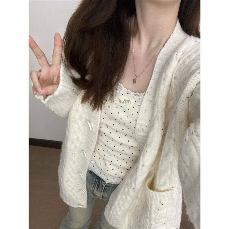 甜美小香风气质v领彩点毛衣开衫女秋冬季宽松慵懒风杏色针织外套,针织衫/毛衣,星座506A