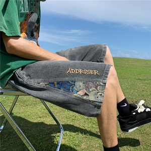刺绣拼接牛仔短裤男款宽松直筒痞帅裤子夏季潮牌高街五分裤图片